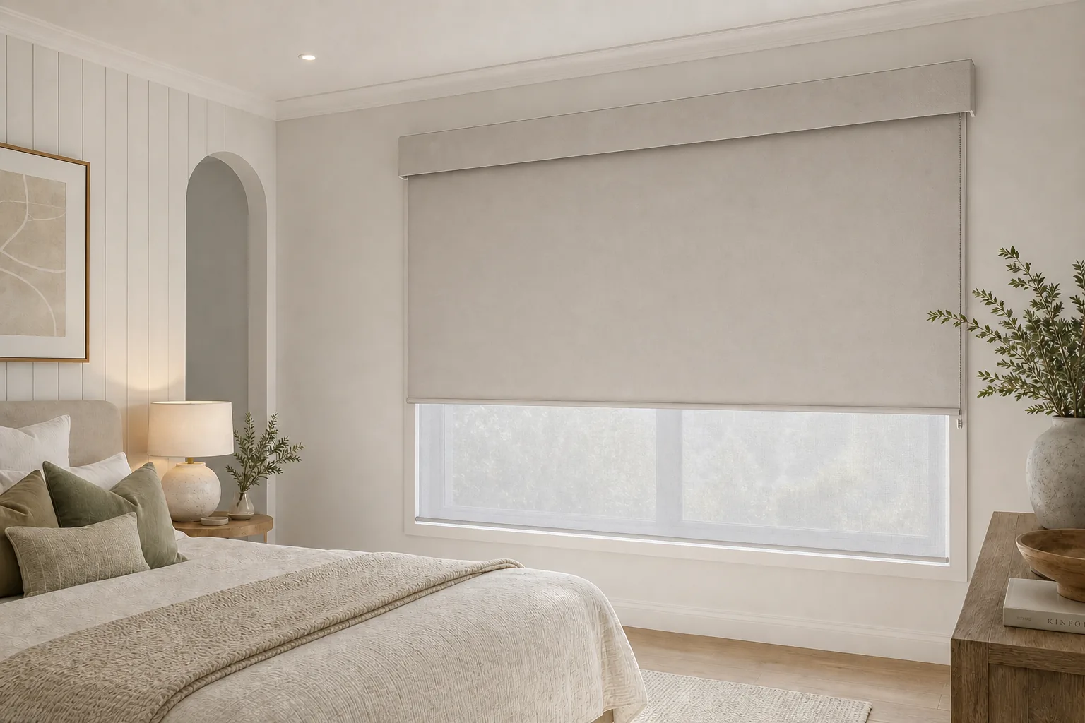 Double roller blinds with a coordinated pelmet in a bedroom