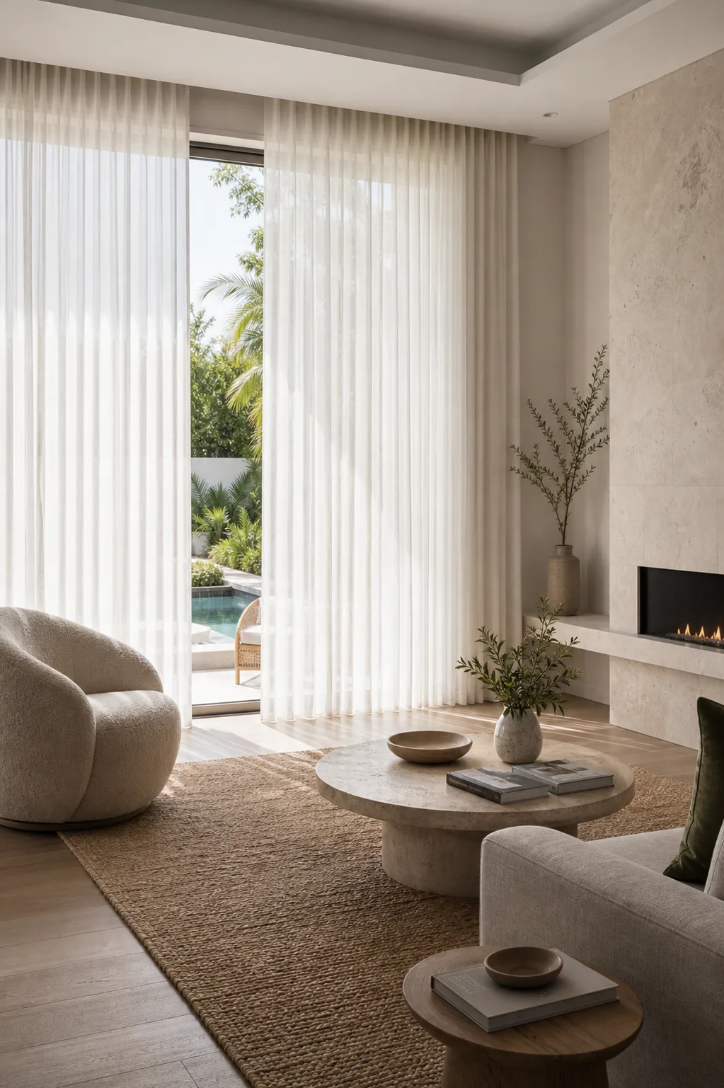 S-fold sheer curtains in a finished lounge