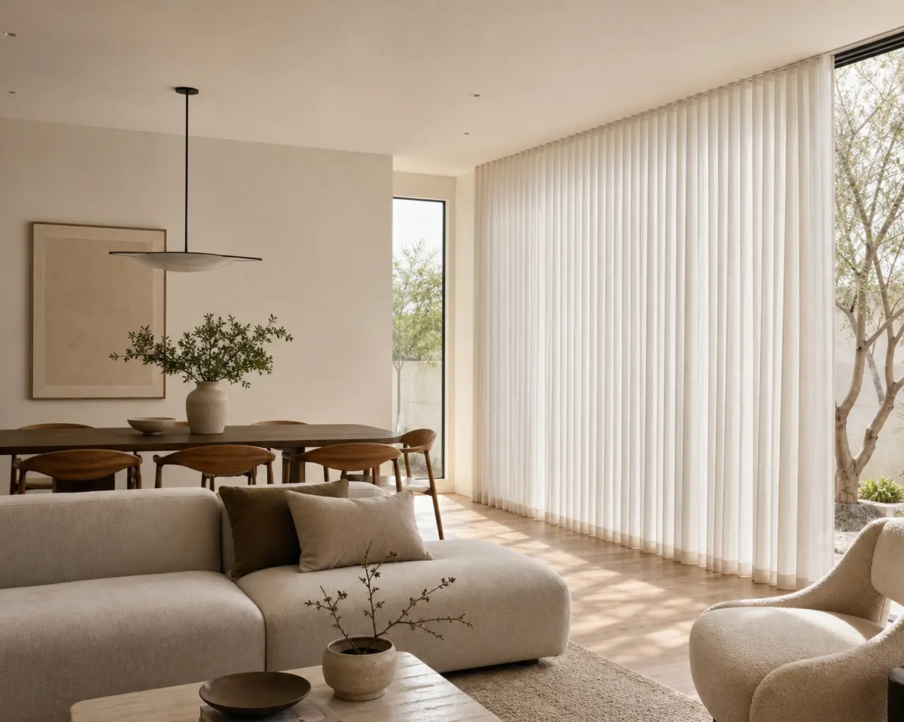 Layered sheer curtains in a living room