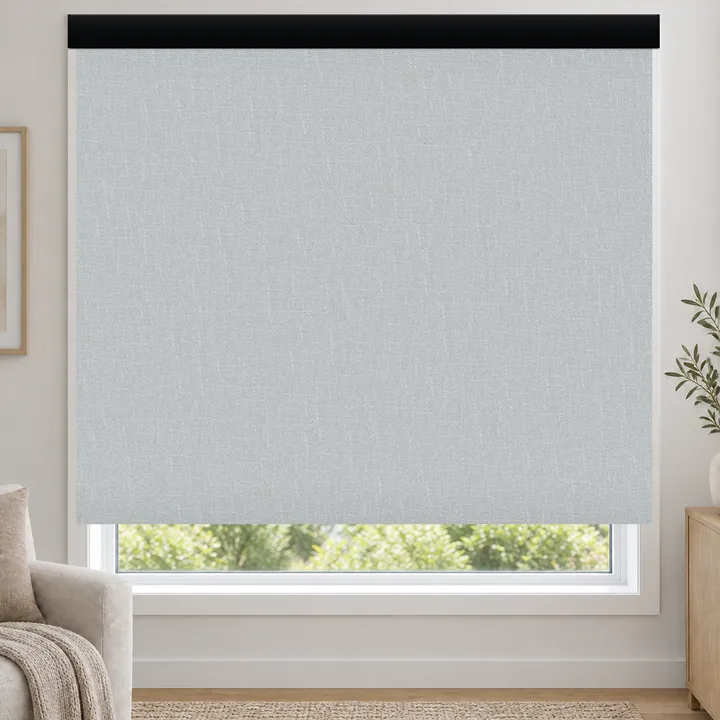 A roller blind with a black square fascia across the top