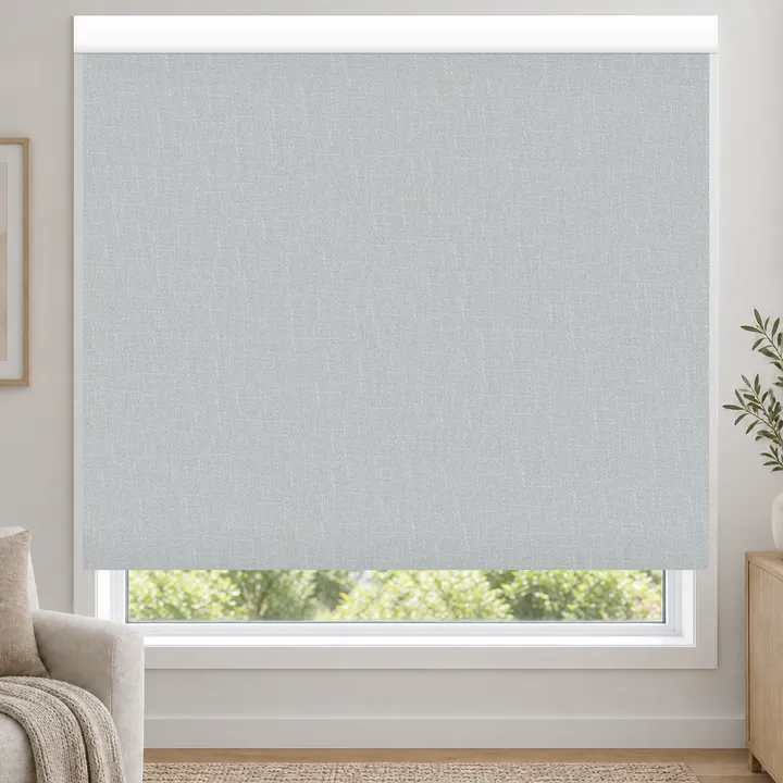 A roller blind with a white square fascia across the top