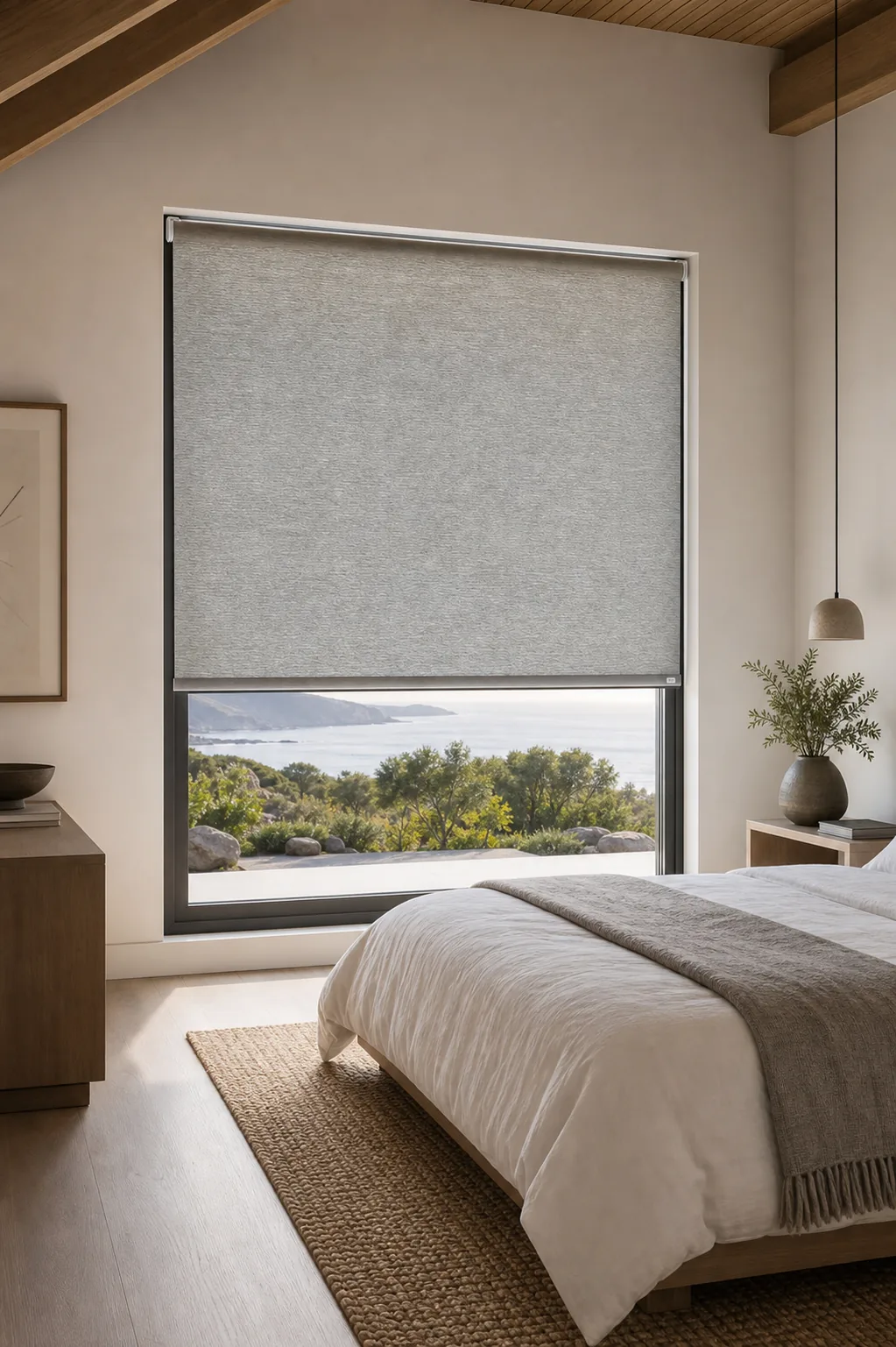 Light-filtering roller blinds softening daylight in a bedroom
