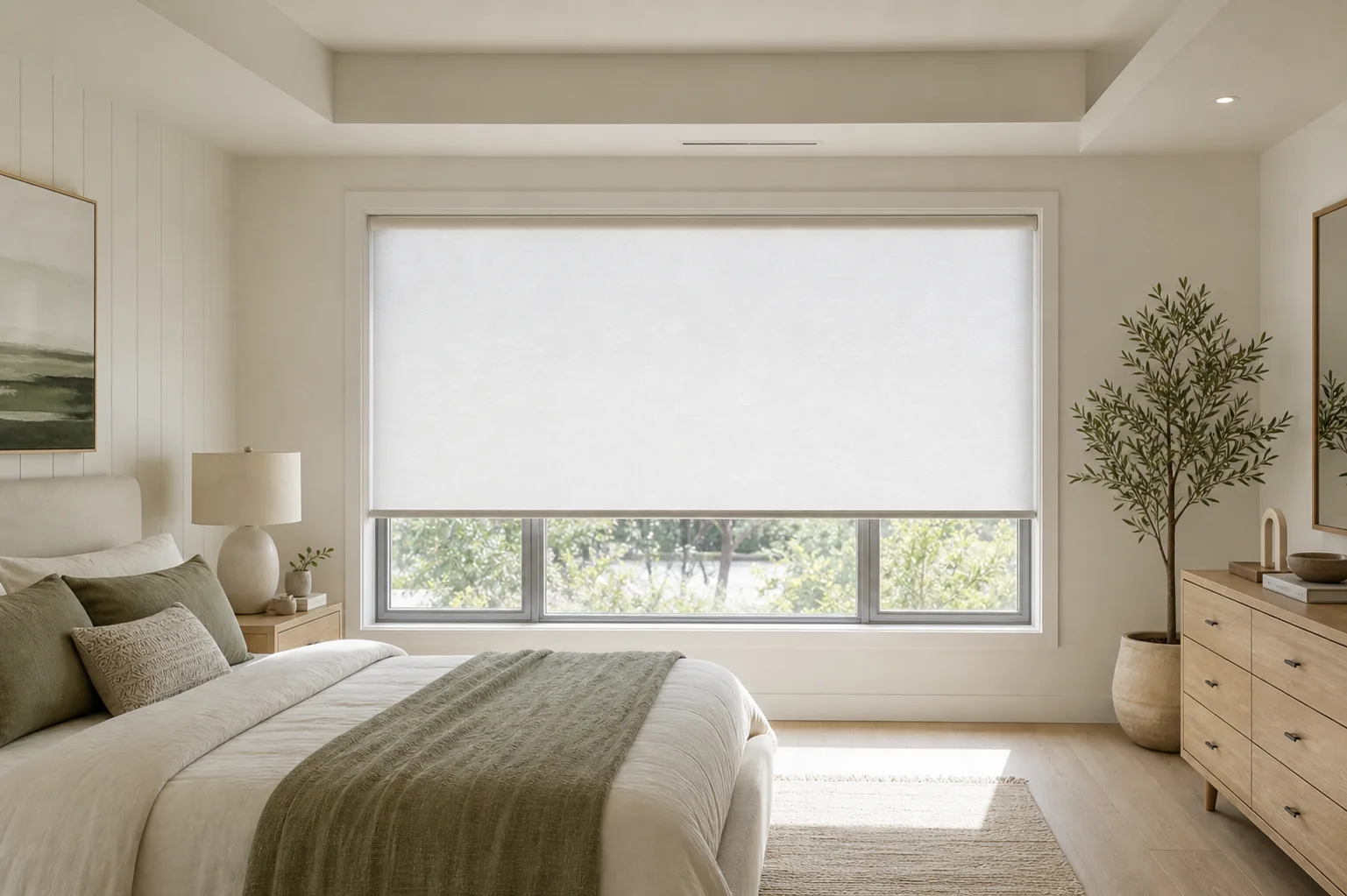Made-to-measure light-filtering roller blind in a bedroom