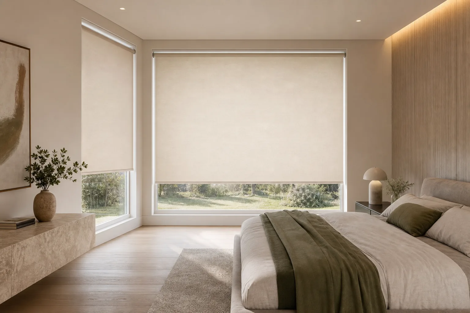 Australian-made roller blinds in a finished bedroom