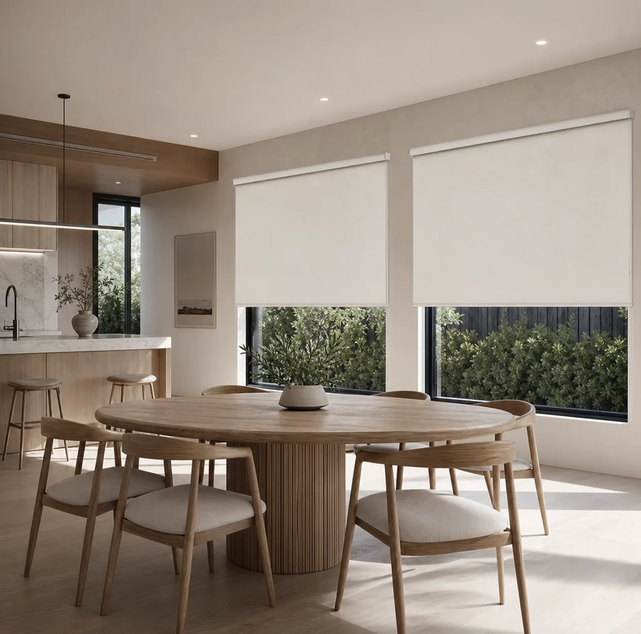 Roller blinds in a finished dining room