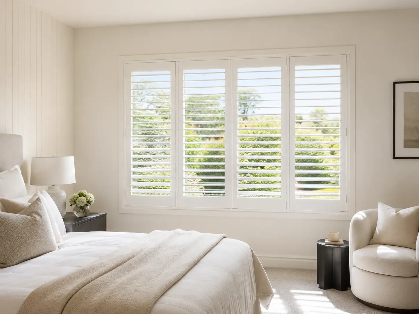 Plantation shutters in a bedroom