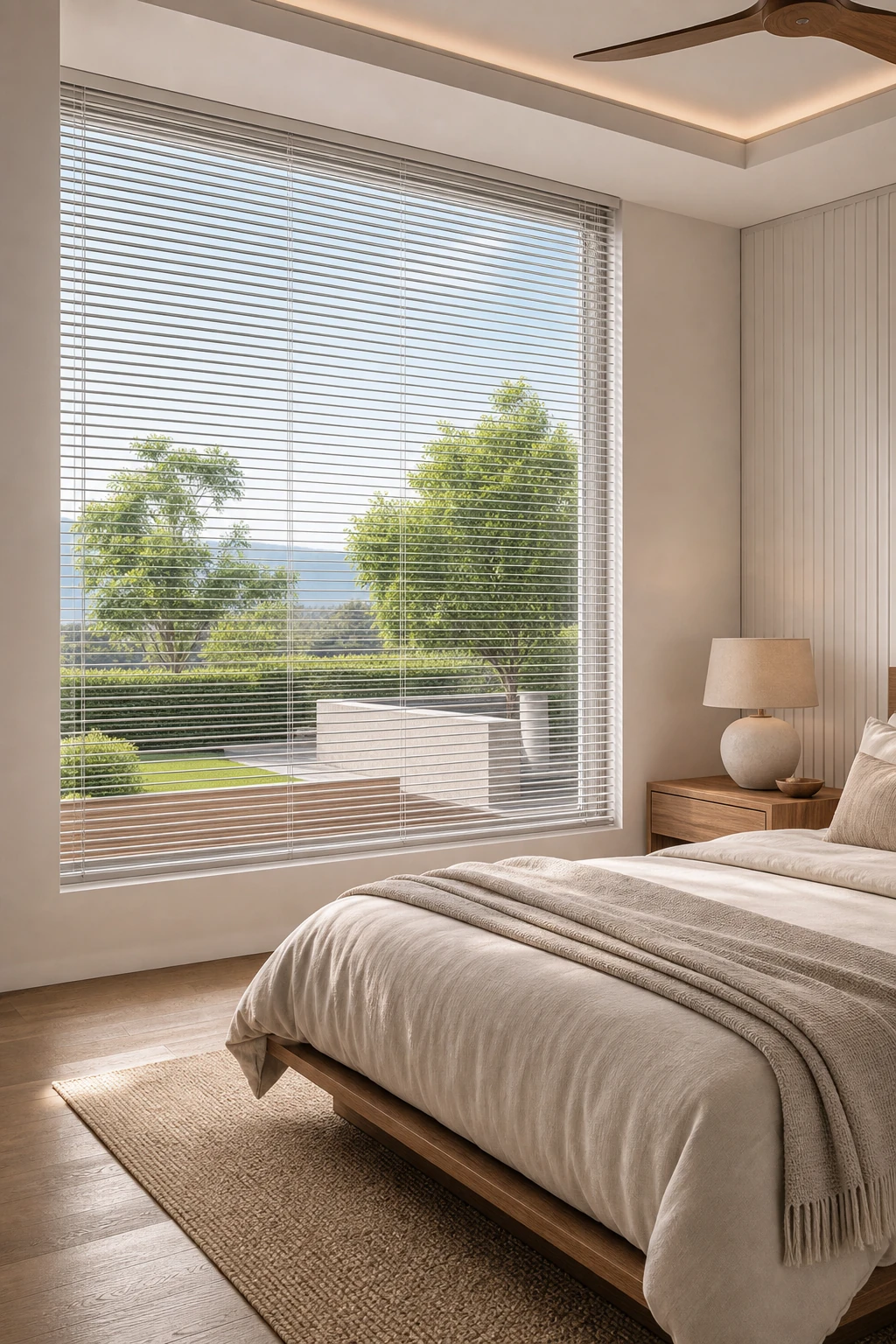 White aluminium Venetian blinds in a neutral bedroom