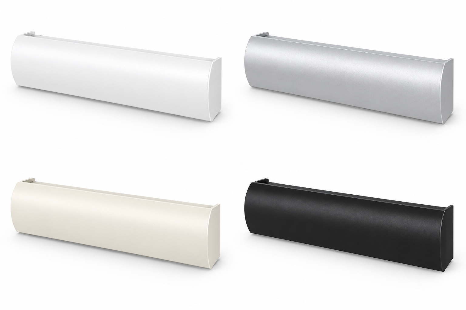 Double curved fascia finishes: White and Anodised above, Cream and Black below
