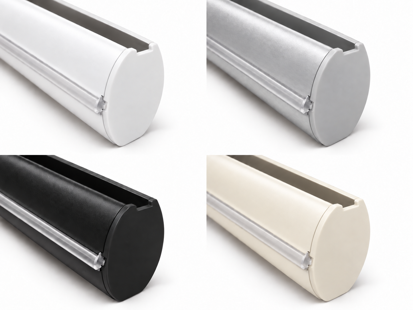 White, anodised, black and cream oval rails showing the clear rear insert and slightly overlapping end caps