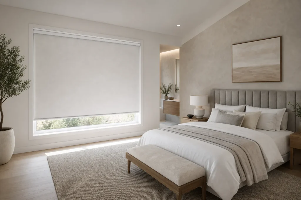 My Direct Blinds blockout roller blinds installed in a bedroom