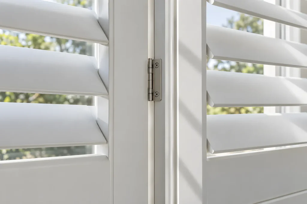 Close-up of a plantation shutter hinge and the edge of a panel with the D-mould overlap