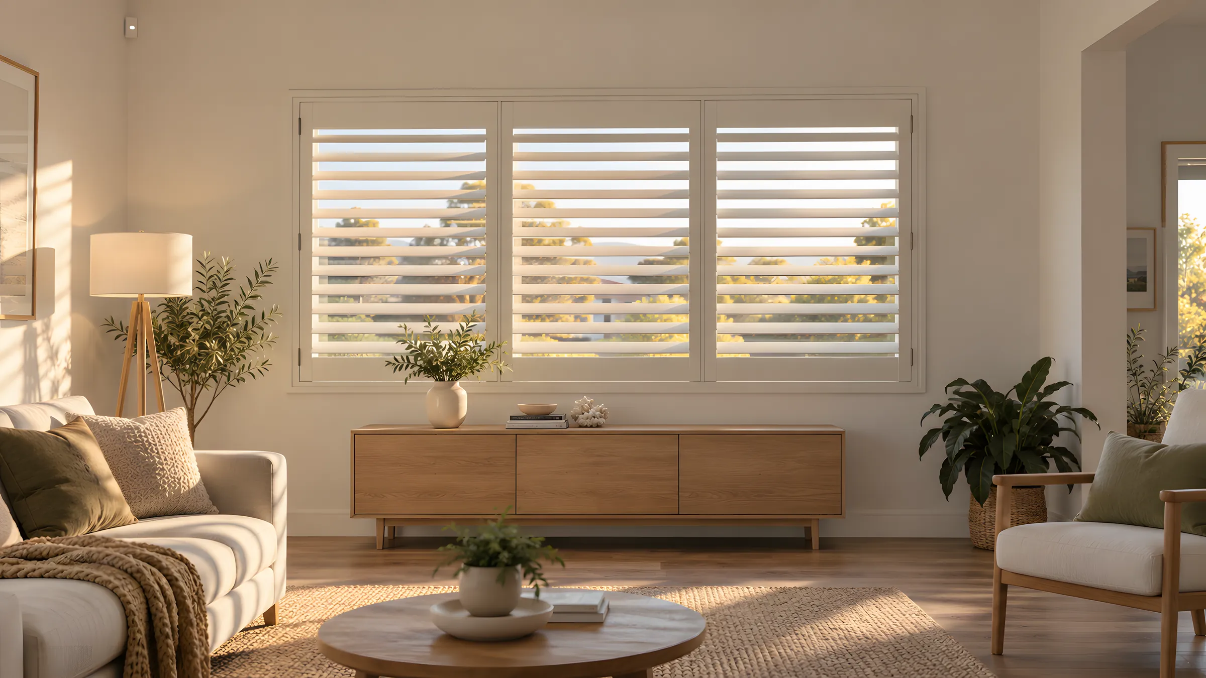 Are shutters worth the investment? Shell PVC plantation shutters fitted across a wide living room window