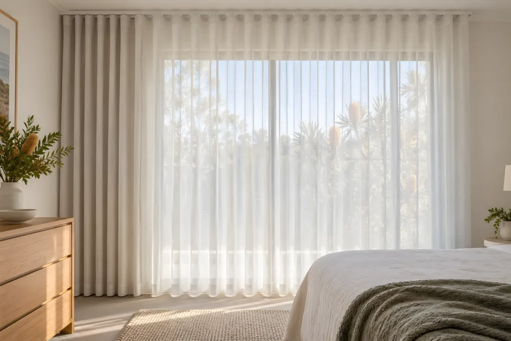 Double curtains on two parallel tracks with the sheer drawn across and the blockout stacked to one side
