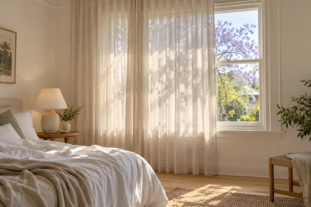 Linen-look sheer curtains in a warm neutral drawn across a bedroom window in soft morning light