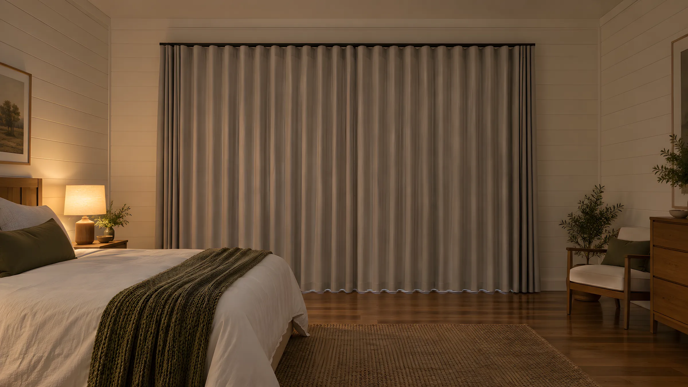 Bedroom curtain ideas: floor-length S Fold blockout curtains hanging from a black ceiling-fixed track