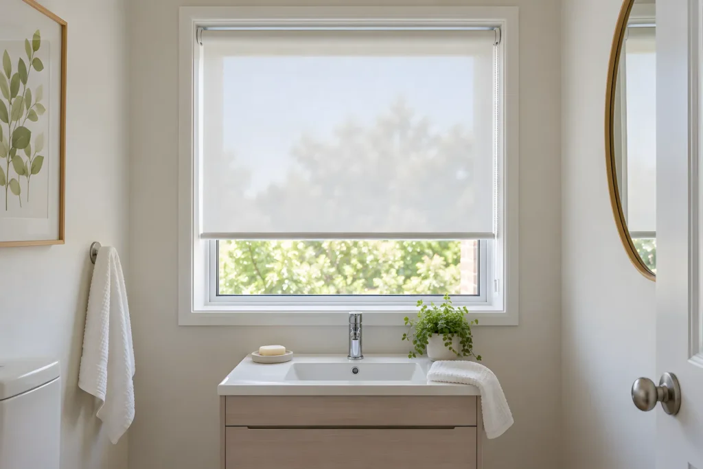 Light Filter roller blind lowered halfway on a small bathroom window above a vanity