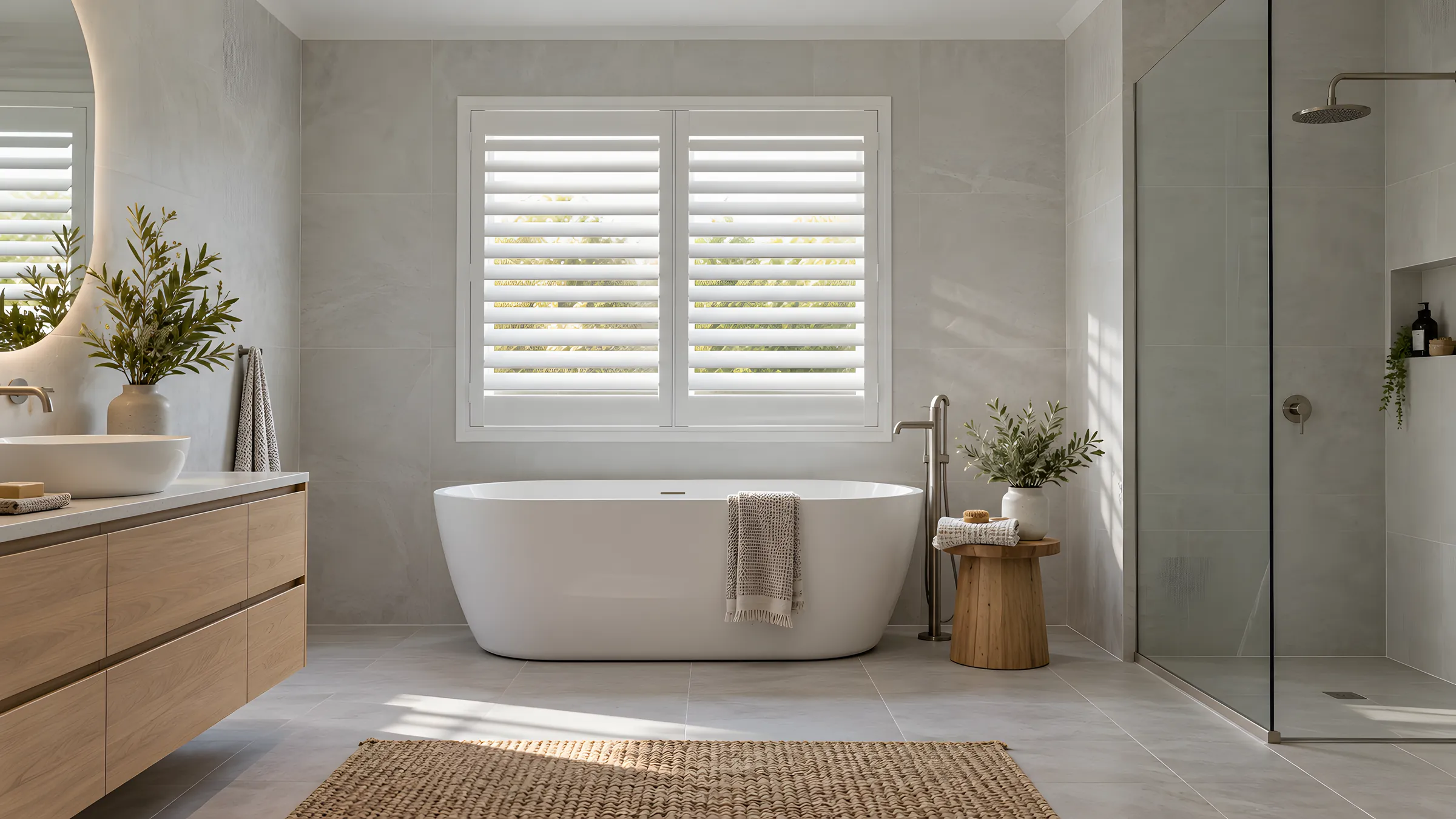 Best blinds for a bathroom: white PVC plantation shutters beside a freestanding bath in an ensuite