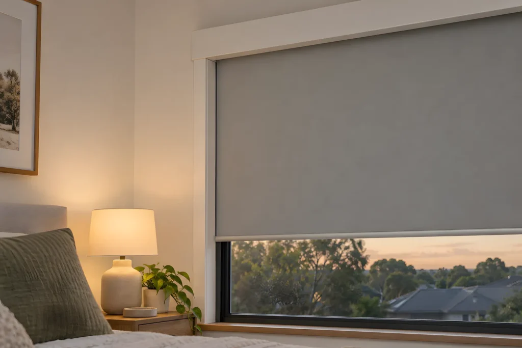 Top corner of a bedroom window with a full blockout cassette showing the headbox and side channel