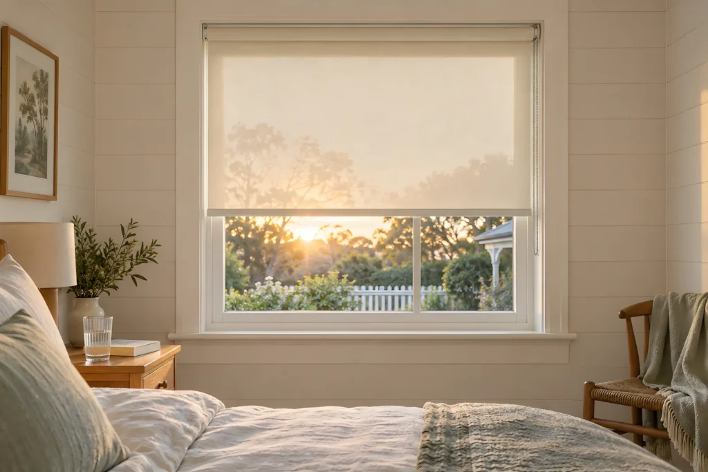Double roller blind with a Light Filter layer lowered halfway and a blockout layer raised