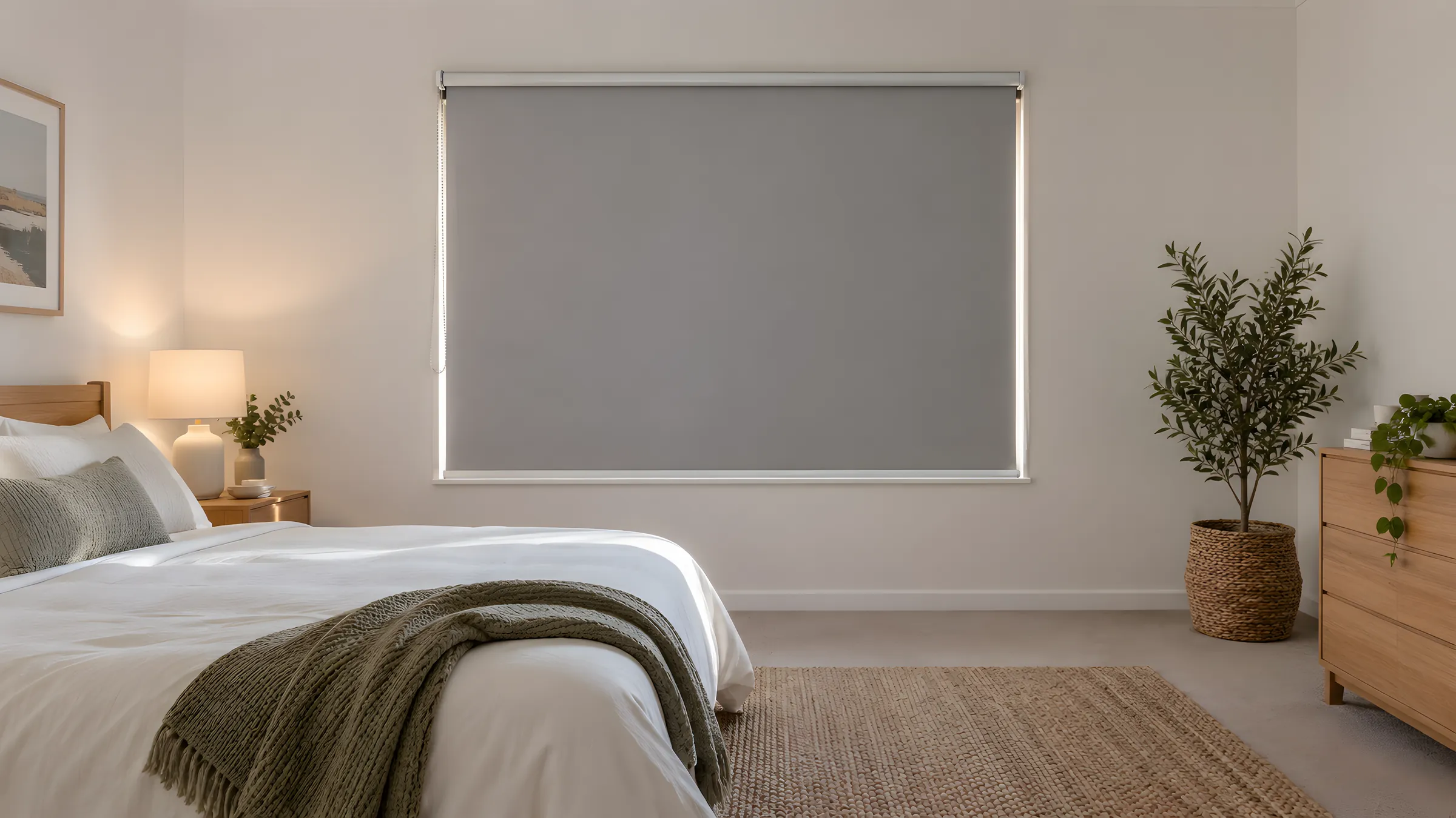 Best blinds for a bedroom: a lowered blockout roller blind face fitted outside the window frame