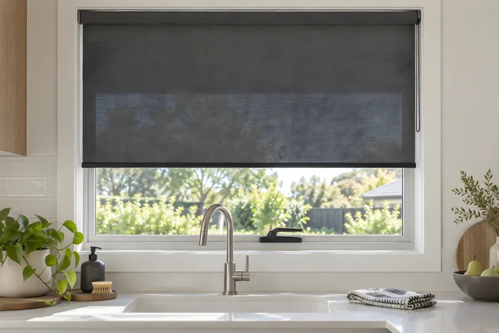 Front-roll roller blind hanging clear of a lever window handle above a kitchen sink
