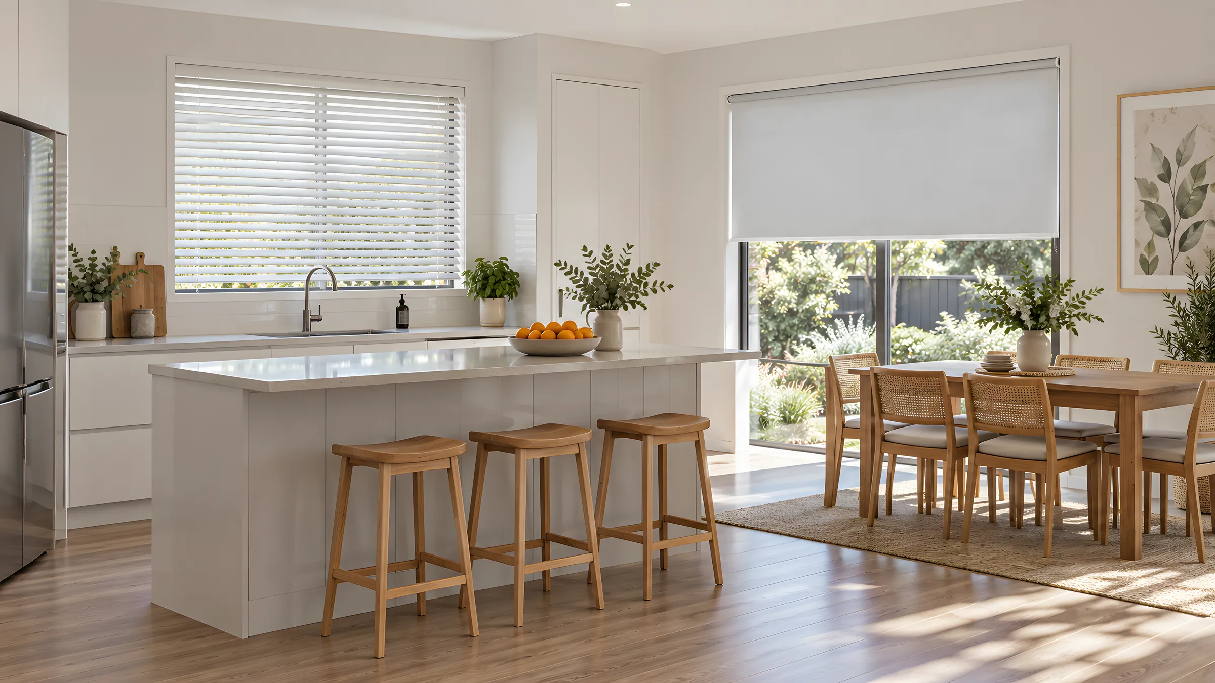 Best blinds for a kitchen: white aluminium venetians over the sink and a SunScreen roller blind in the dining nook