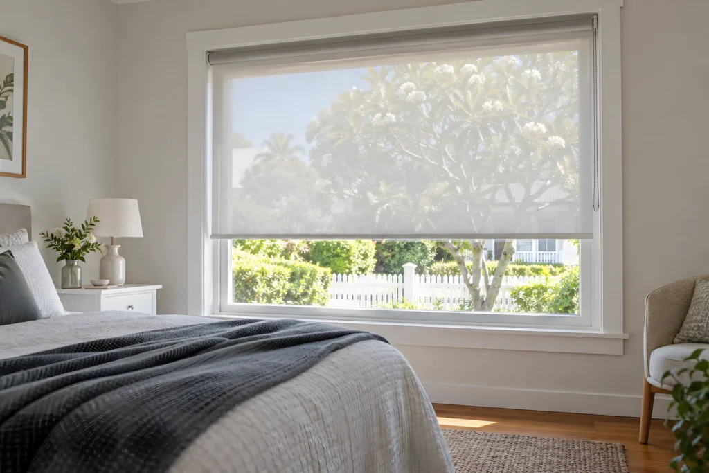 Double roller blind with the SunScreen layer down and the blockout layer rolled up in a bedroom