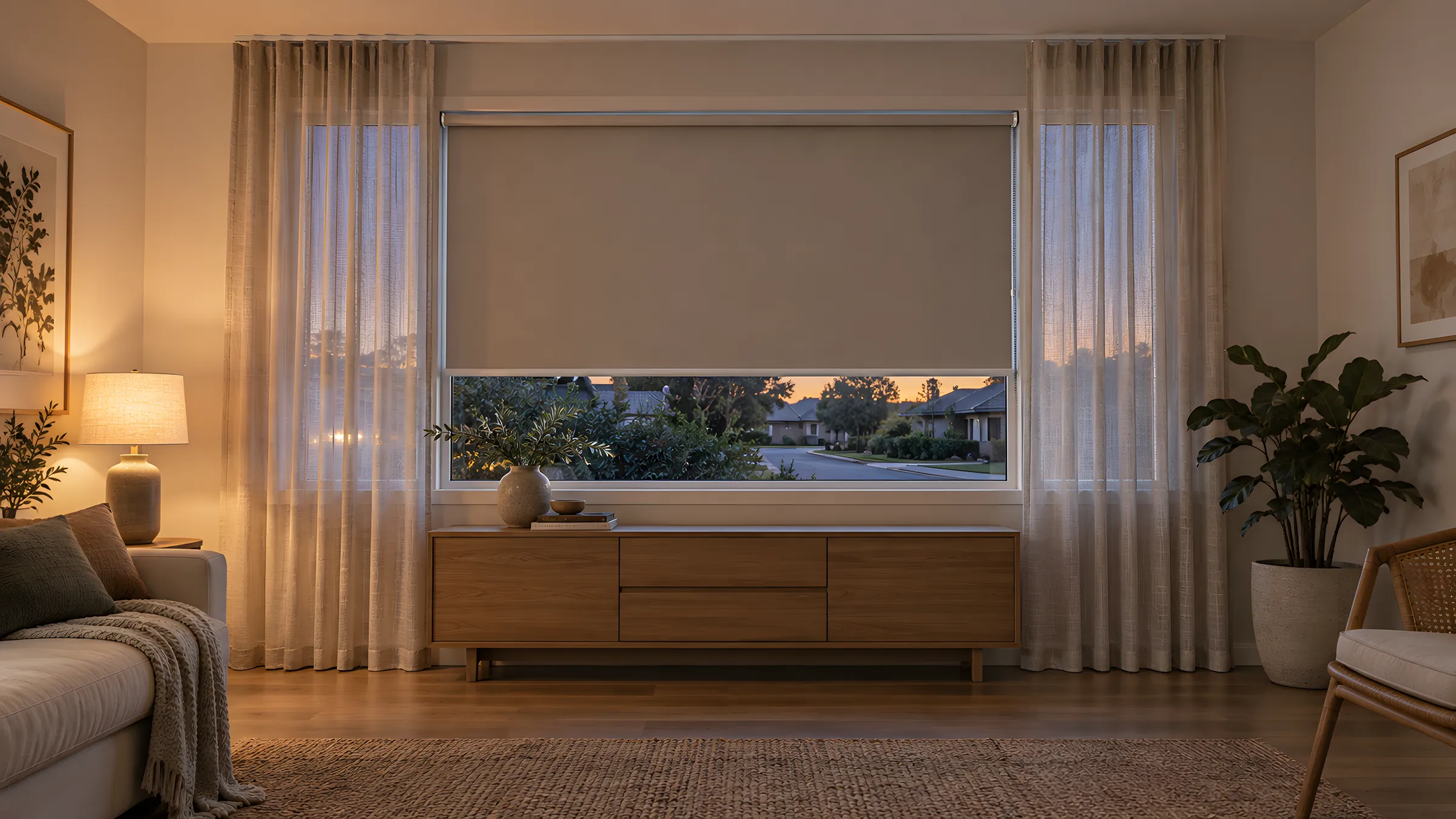 Privacy blinds: a blockout roller blind lowered with sheer curtains drawn at a street-facing living room window at dusk