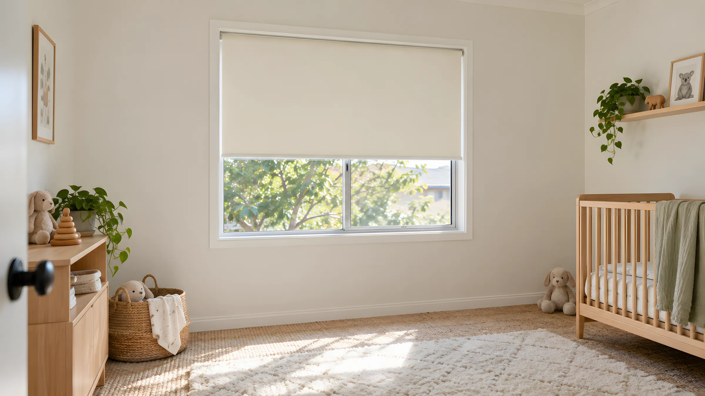 Blind cord safety: a cordless roller blind in a nursery window with the cot set well back against the far wall