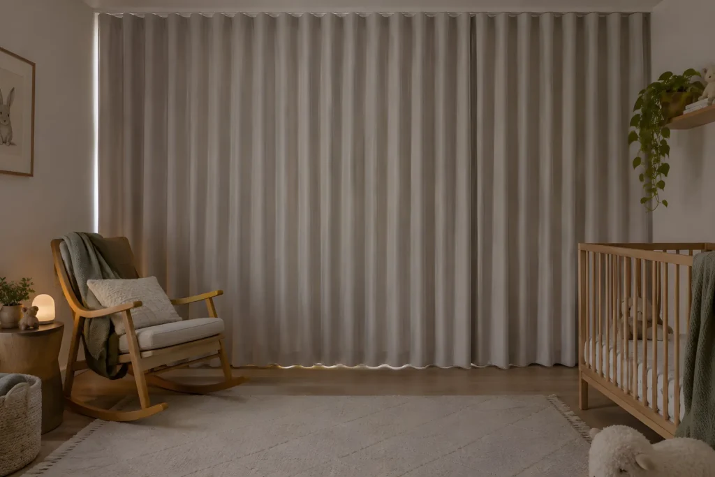 Blockout curtains drawn closed across a nursery window with a rocking chair nearby
