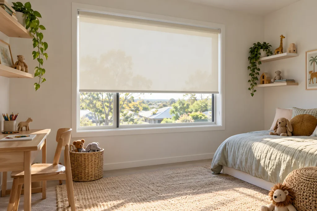 Child's bedroom with a Light Filter roller blind lowered halfway and a low bed against the far wall