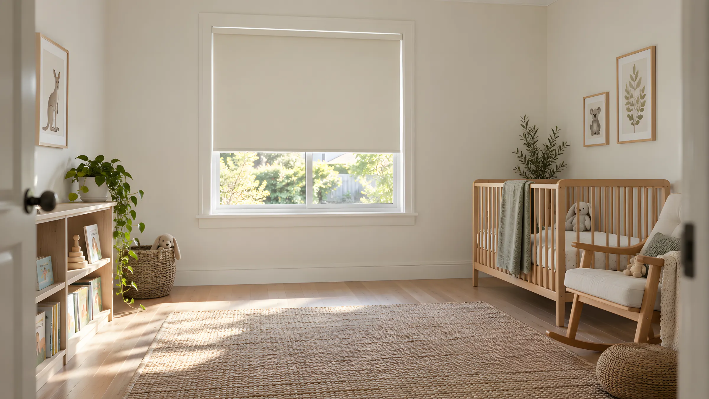 Calm nursery with a cordless blockout roller blind lowered on the window and the cot placed against the far wall