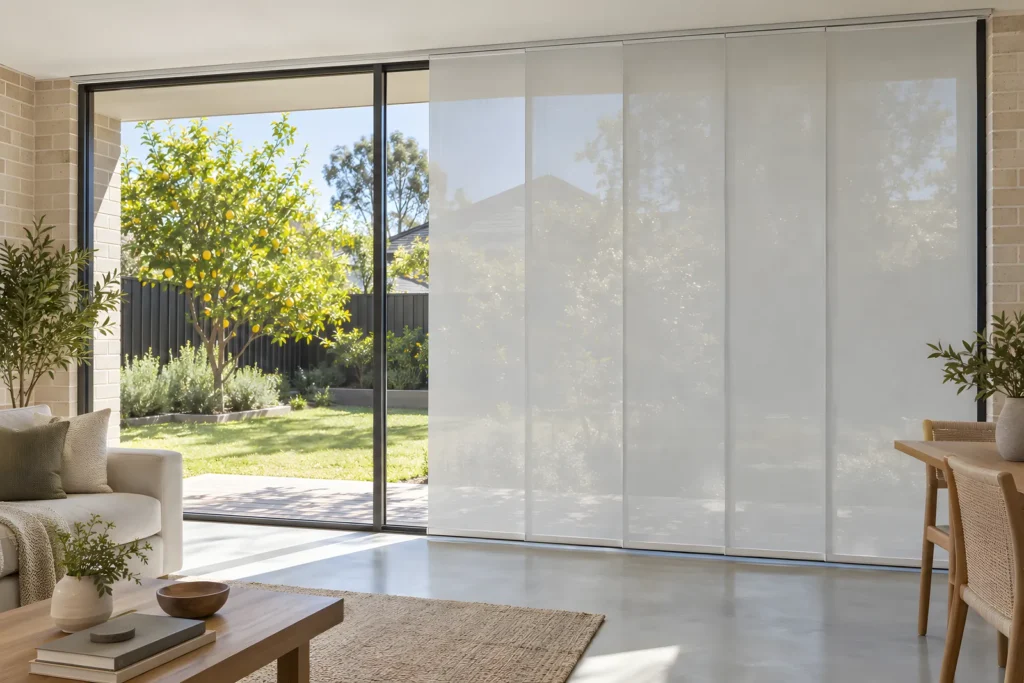 Panel glide blinds partly drawn across a full-height glass wall