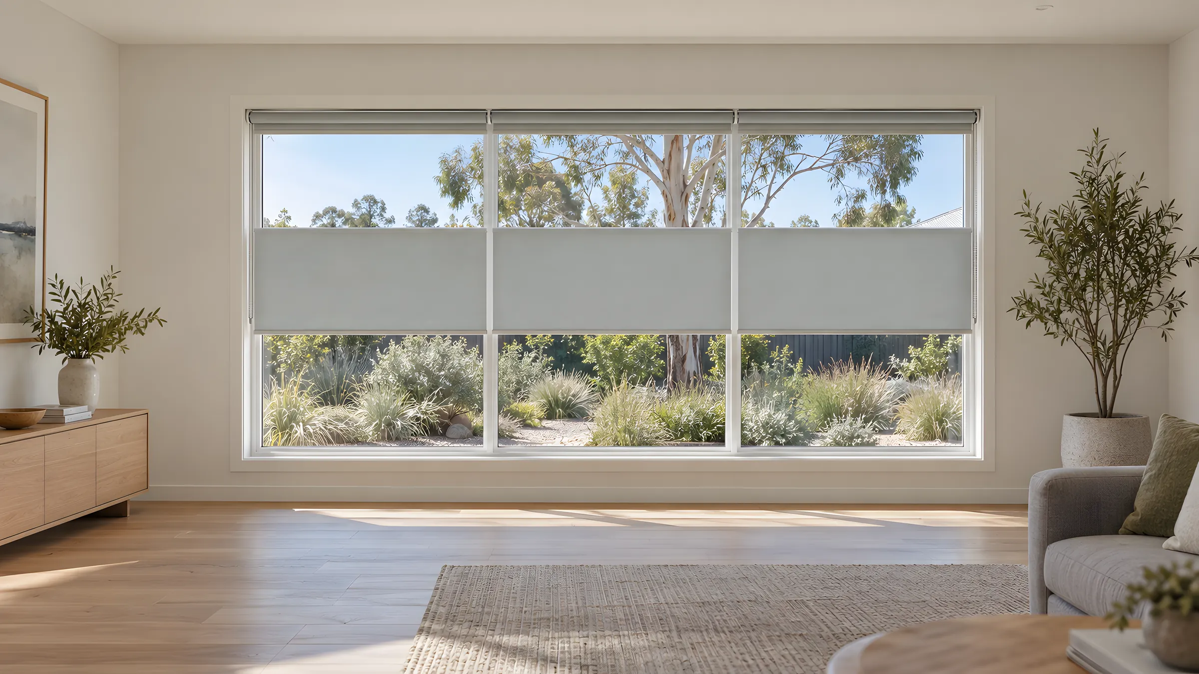 Blinds for large windows: three linked roller blinds covering a wide picture window in a living room