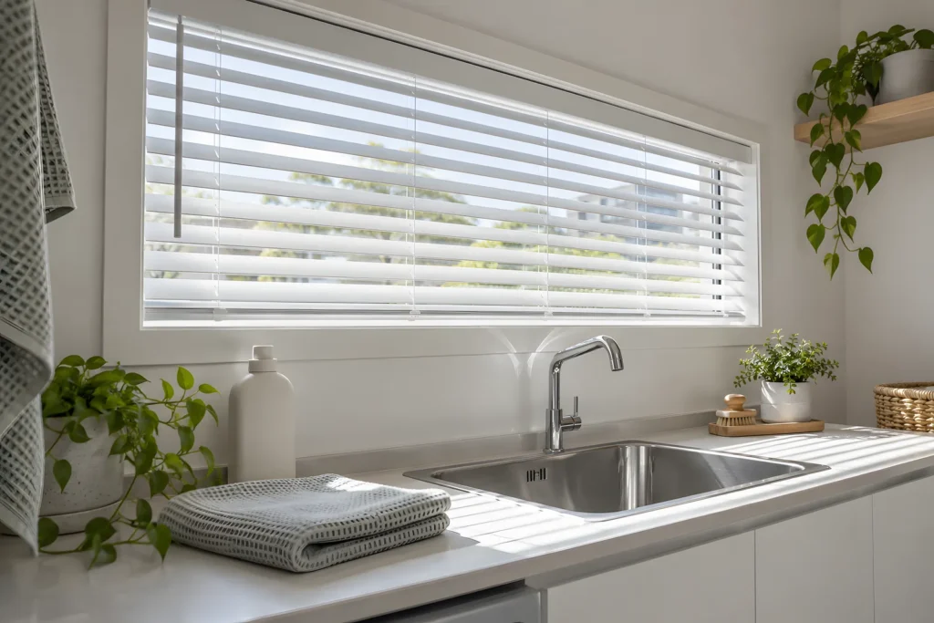 Aluminium venetian blind on a small laundry window with slats tilted