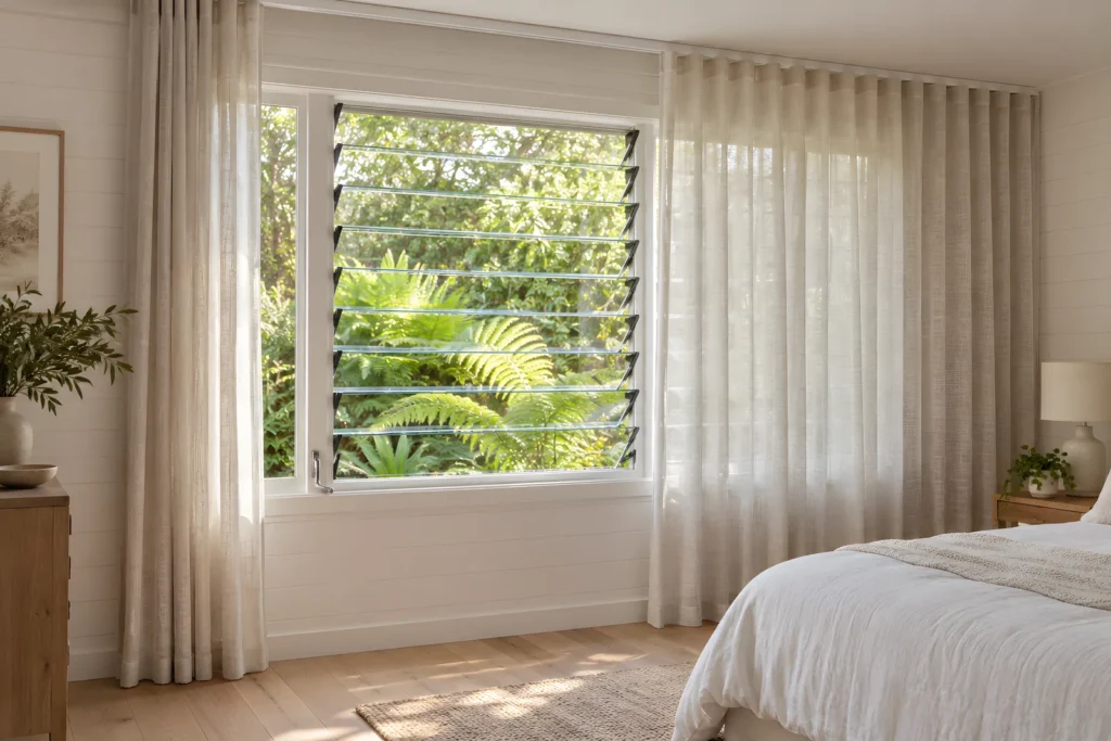 Sheer curtains on a ceiling-fit track beside a louvre window in a bedroom