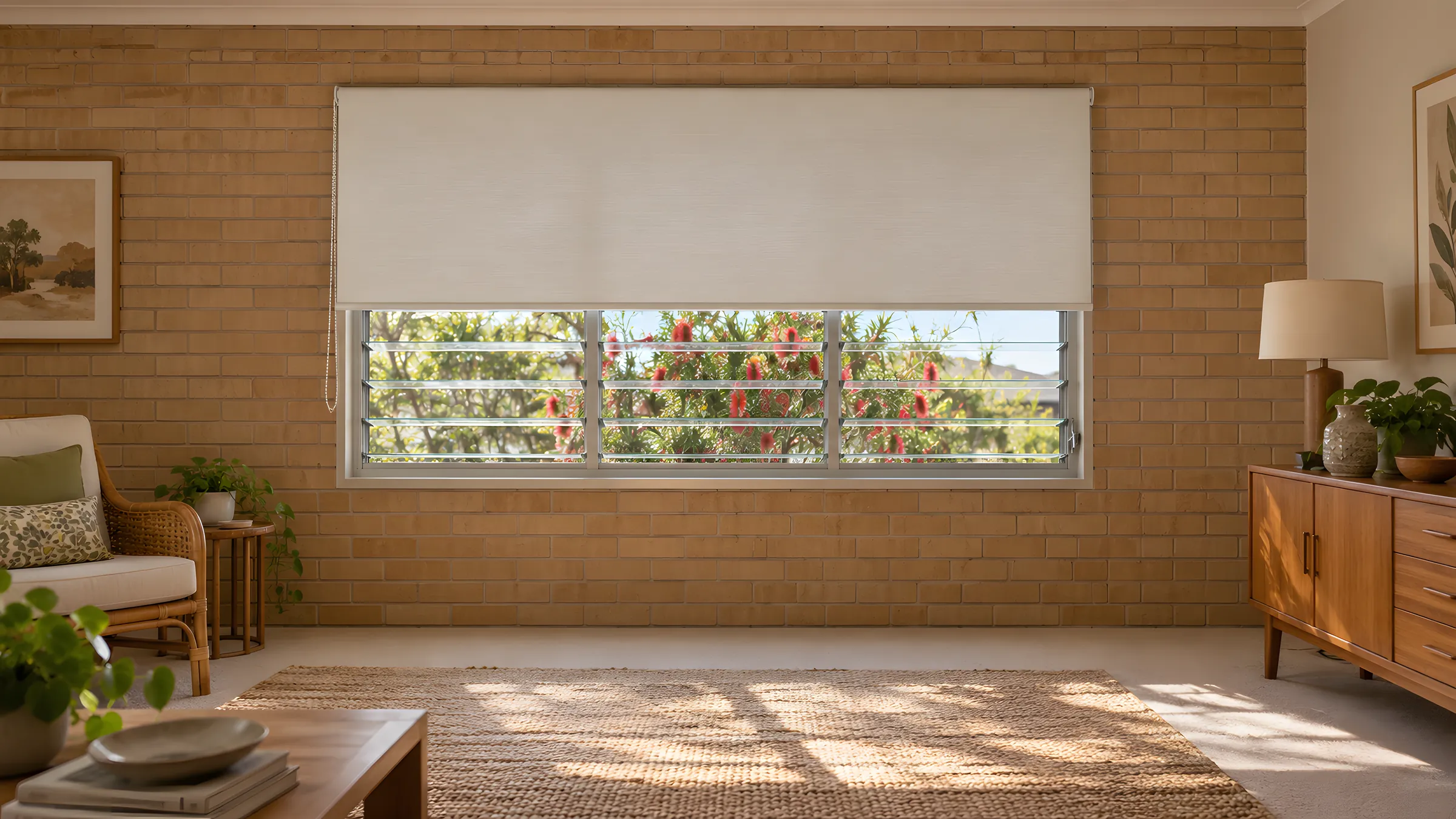 Curtains or blinds for louvre windows: a face-fit roller blind above a louvre window with the winder handle clear