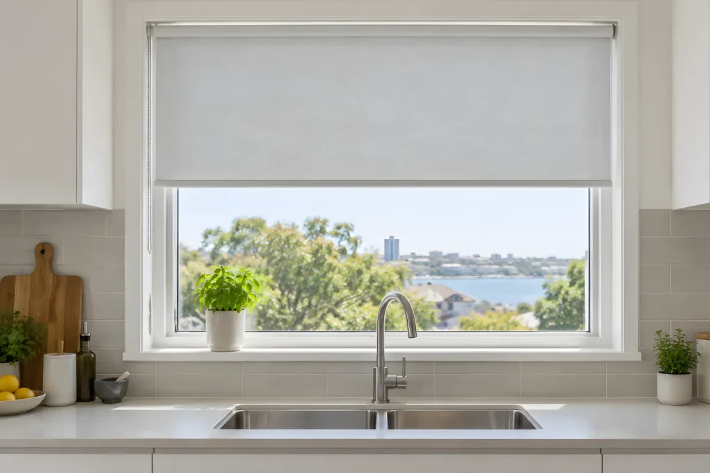 Kitchen window above a sink fitted with a recess roller blind
