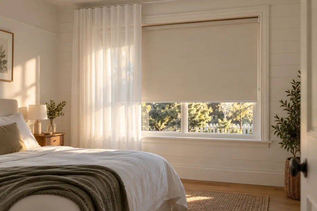 Roller blind lowered behind sheer S Fold curtains on a bedroom window