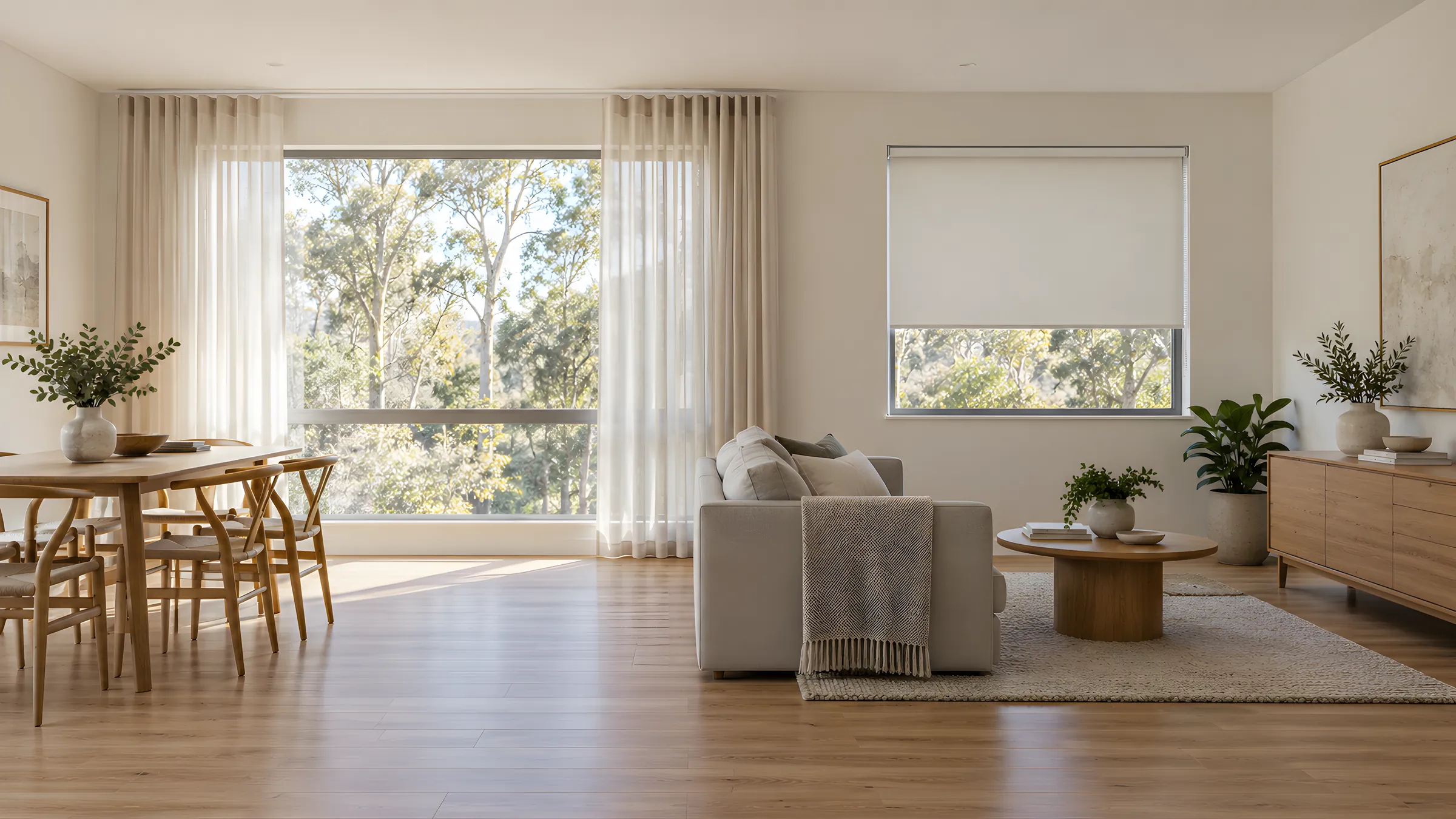 Living area with sheer S Fold curtains on a wide window beside a small window fitted with a roller blind