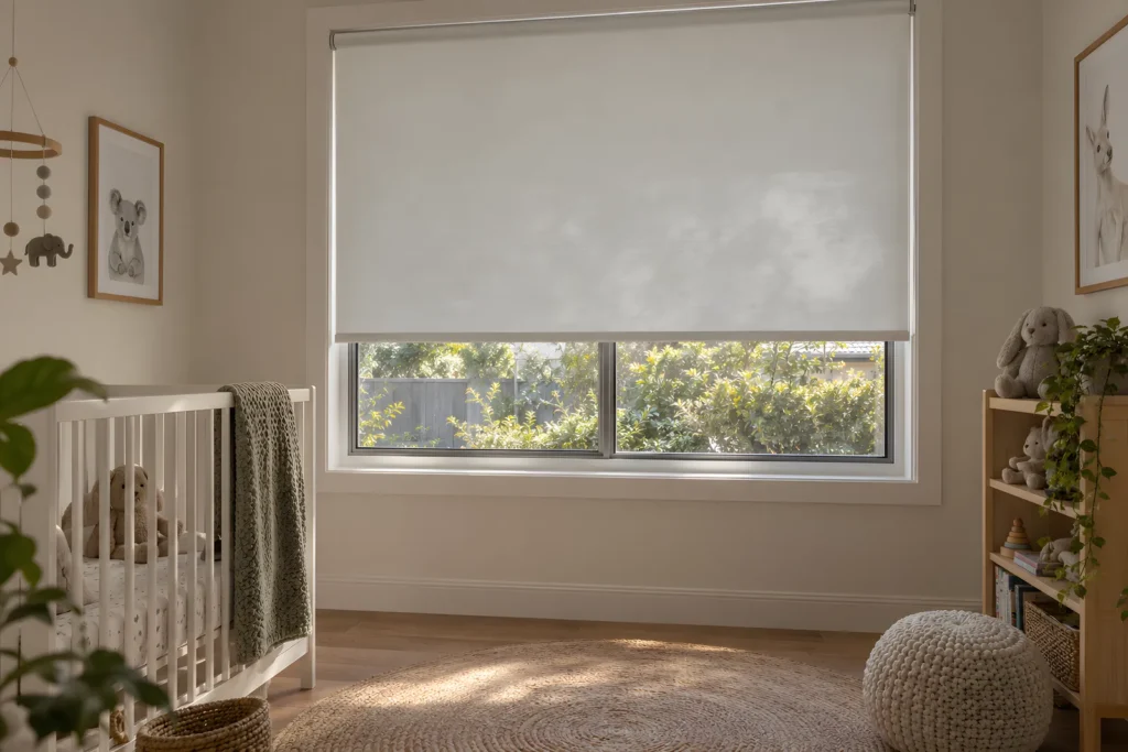 Nursery with a cordless blockout roller blind lowered