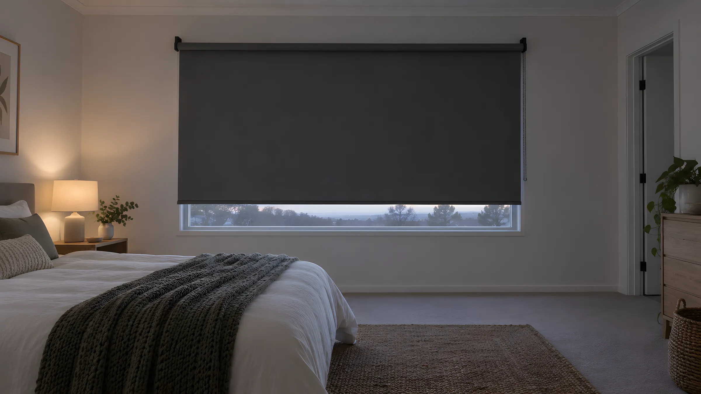 Blockout blinds for sleep: a lowered roller blind in a dim bedroom at dawn with only a thin line of light at the edge