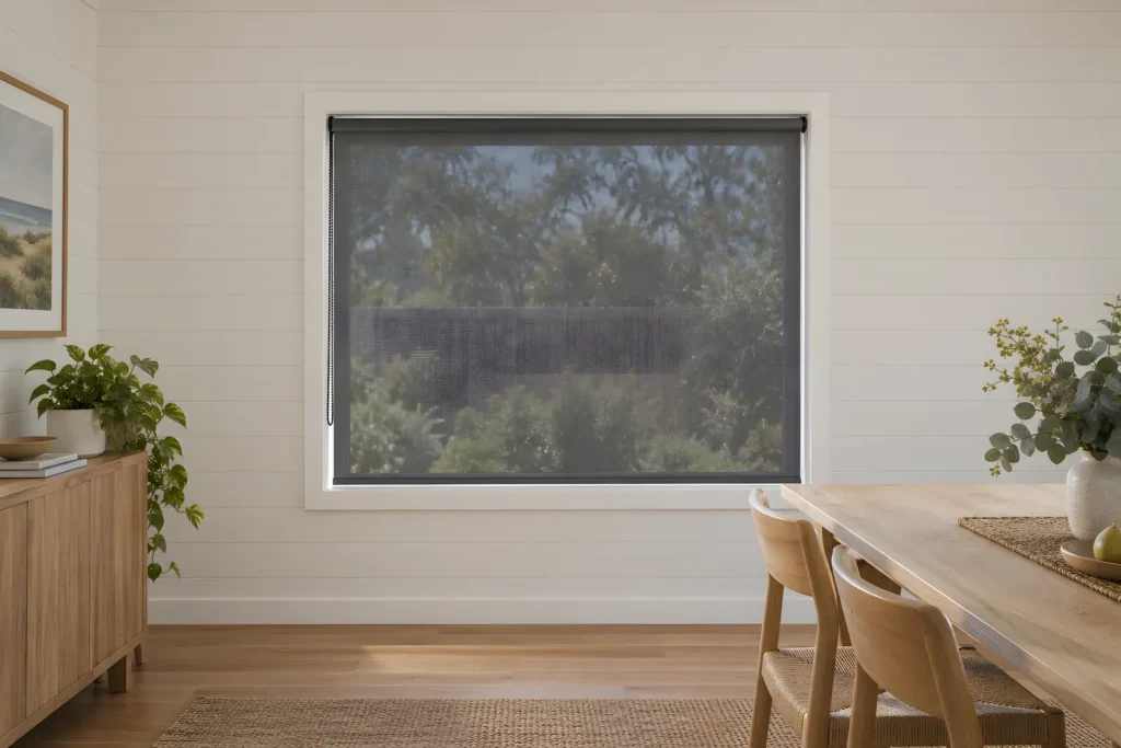 A charcoal SunScreen roller blind lowered over a dining room window with the garden visible through the fabric