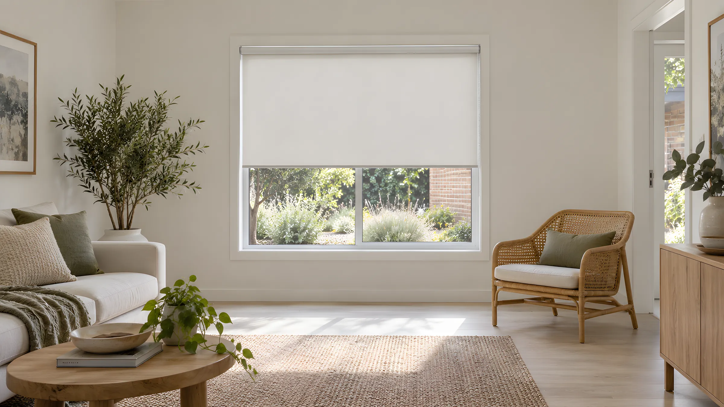 Blockout vs light filter vs SunScreen: a light filter roller blind half lowered over a living room window
