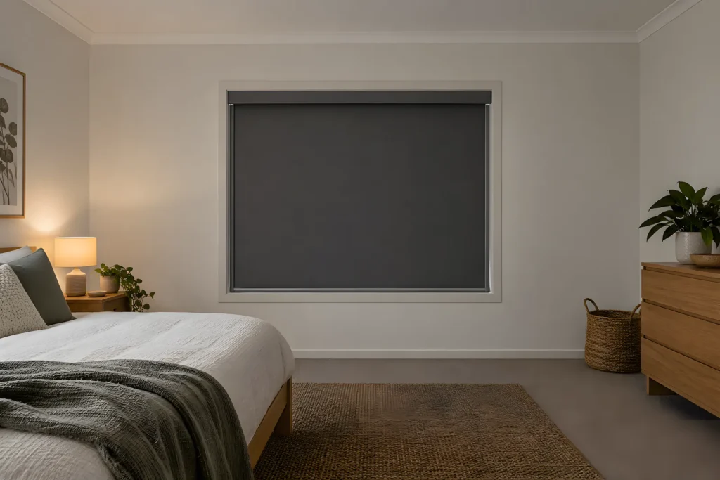 A Full Blockout Cassette roller blind with headbox and side channels fitted in a dark bedroom