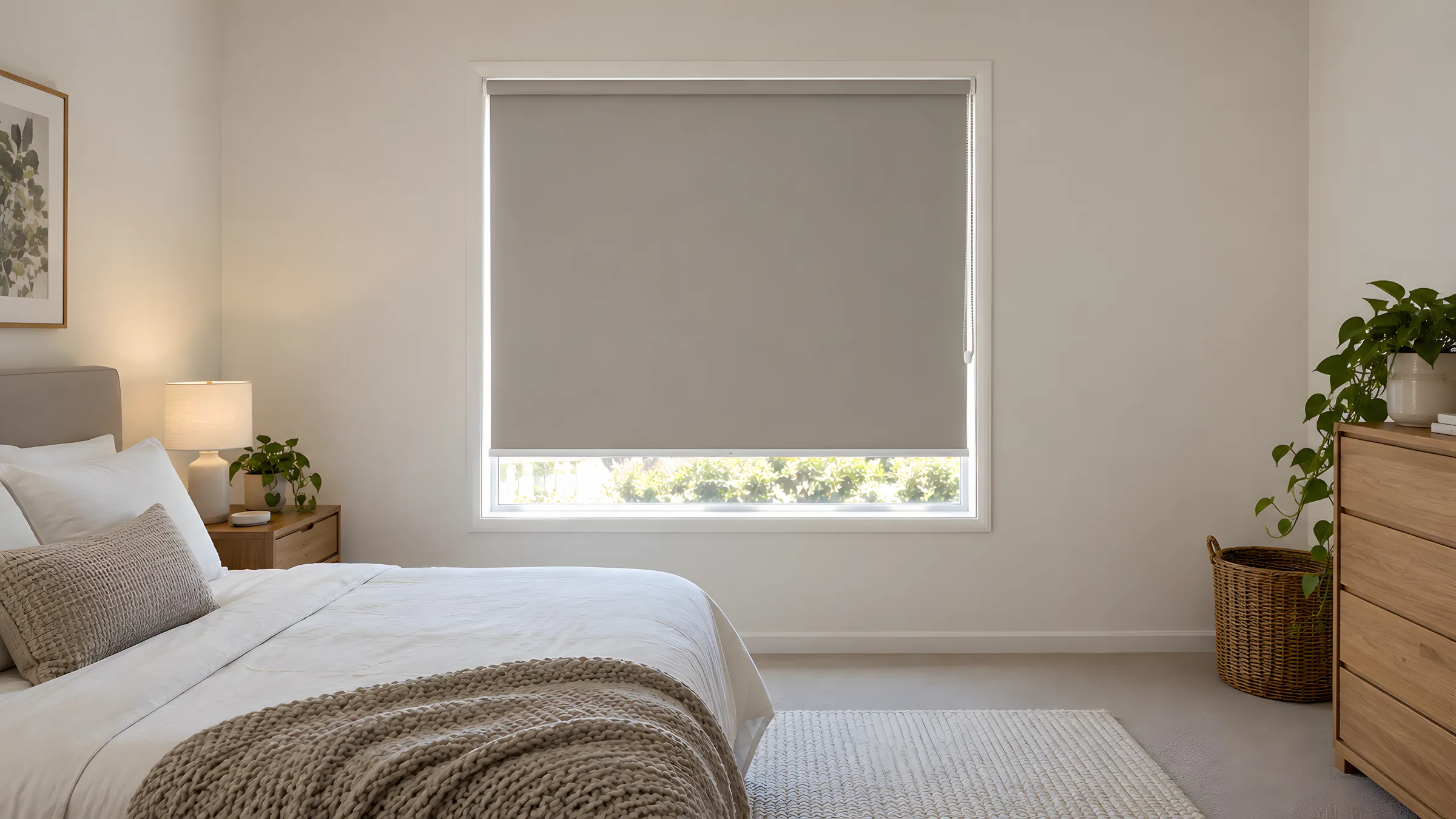 Blockout vs blackout blinds: a grey blockout roller blind fully lowered in a bedroom with thin lines of daylight at the sides