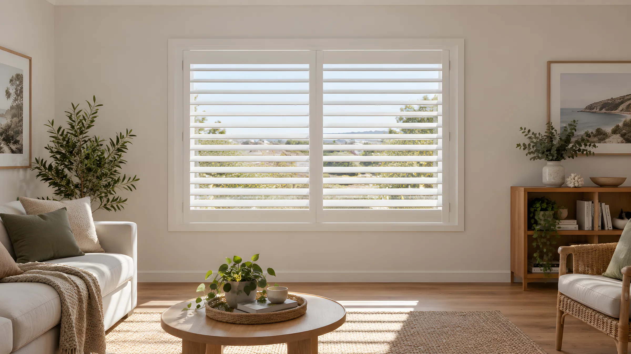 Bunnings plantation shutters compared: white made-to-measure PVC shutters with the panel join lined up with the centre bar