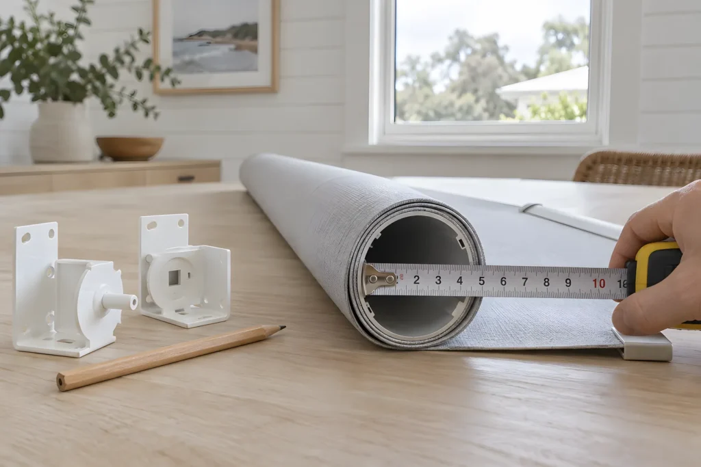 A metal tape measure held across the end of a roller blind tube lying on a table beside its brackets