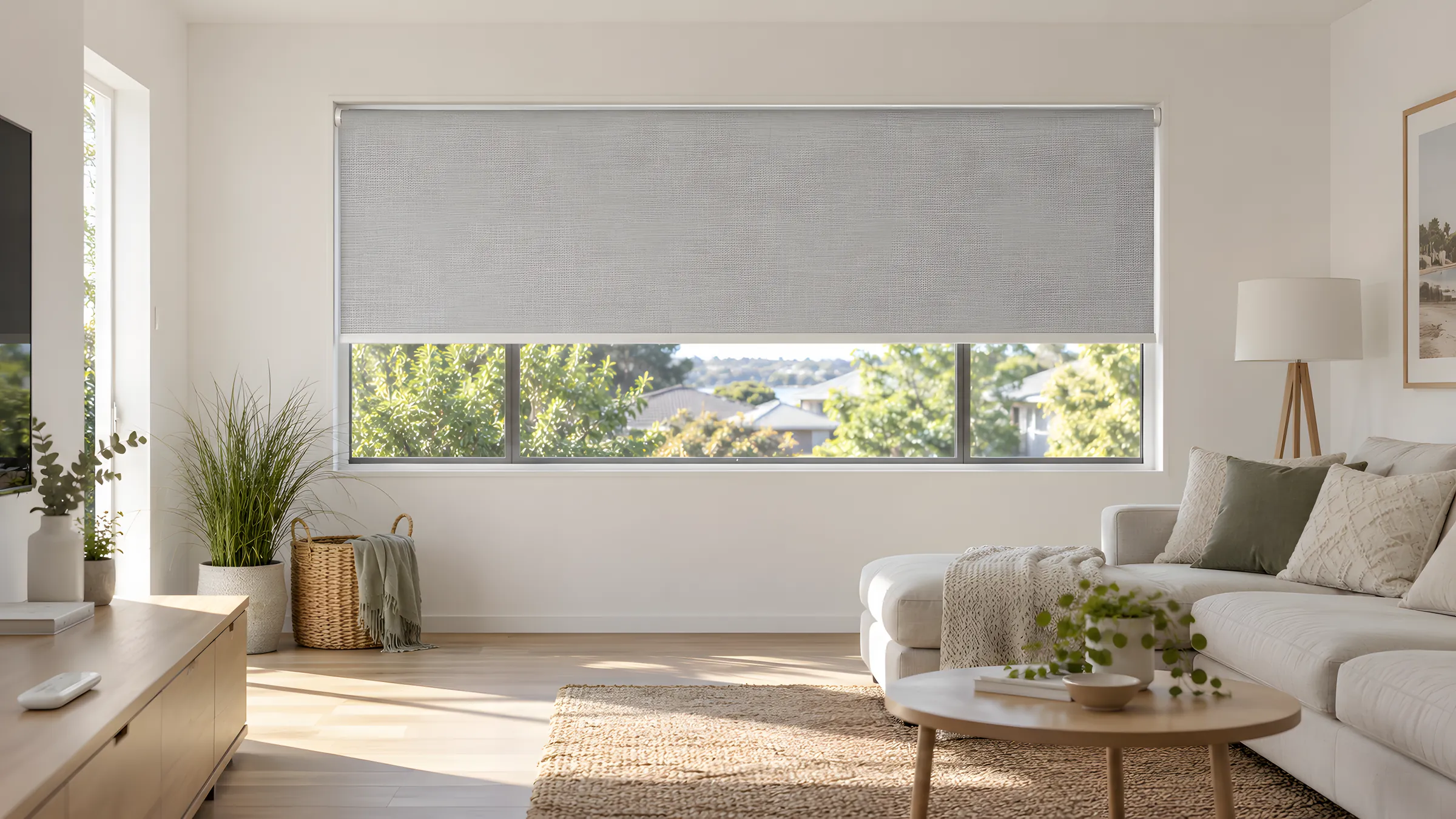 How to motorise blinds: a roller blind with no chain lowered halfway in a living room window, remote on the sideboard