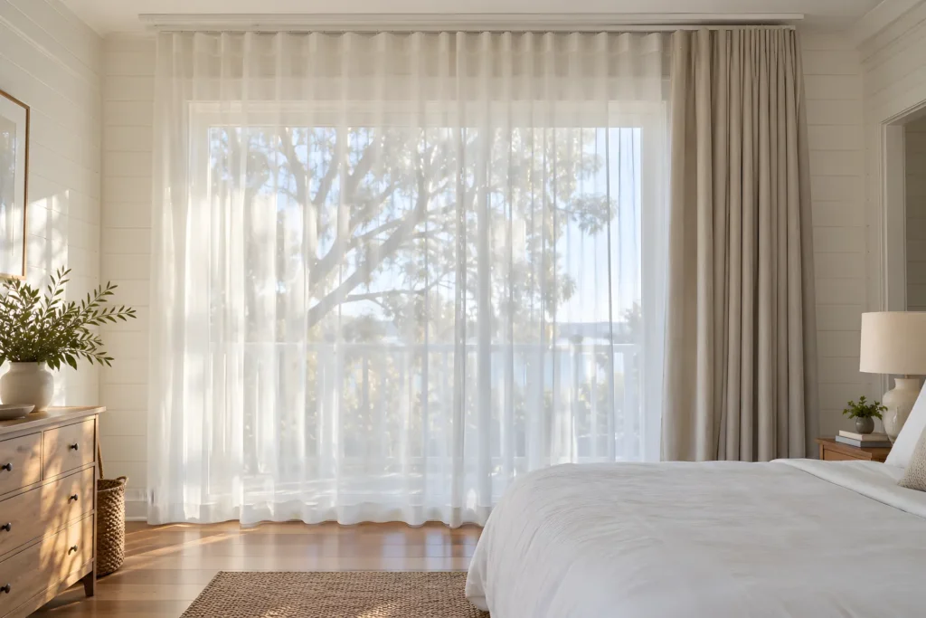 Bedroom with a sheer curtain drawn across the front track and a blockout curtain pulled back on the rear track